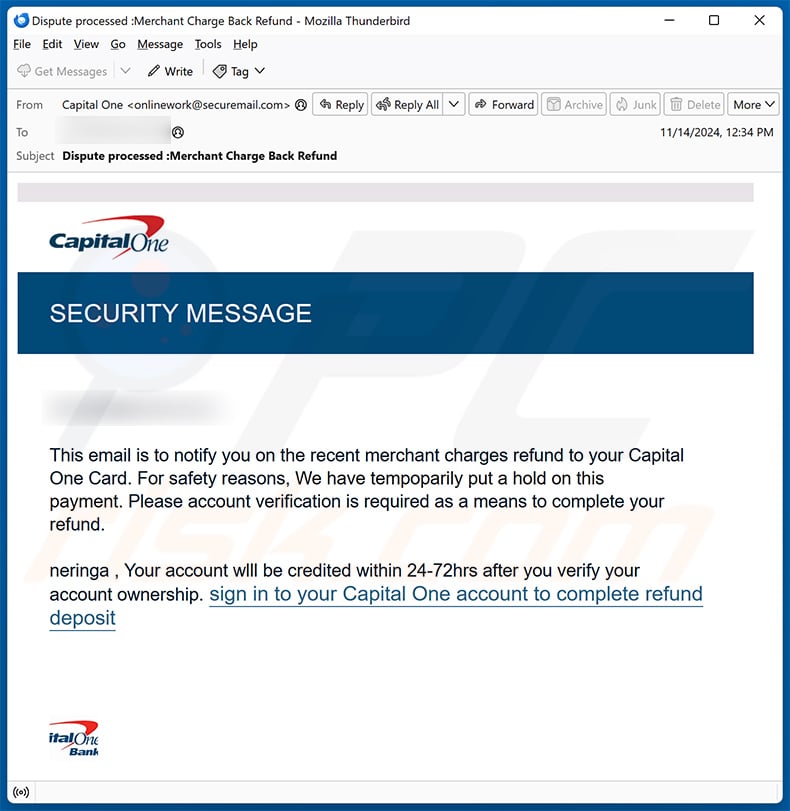 Capital One SECURITY MESSAGE email Betrug (2024-11-19)