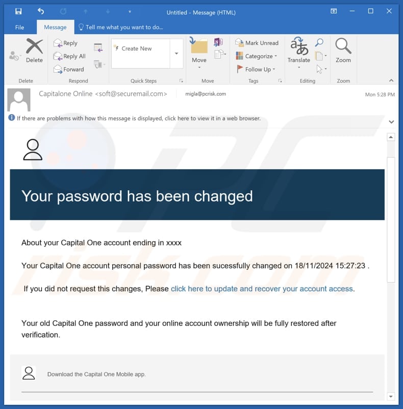 Capital One - Your Password Has Been Changed email spam Kampagne