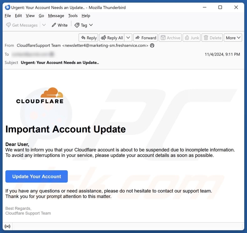 Cloudflare - Important Account Update email spam Kampagne