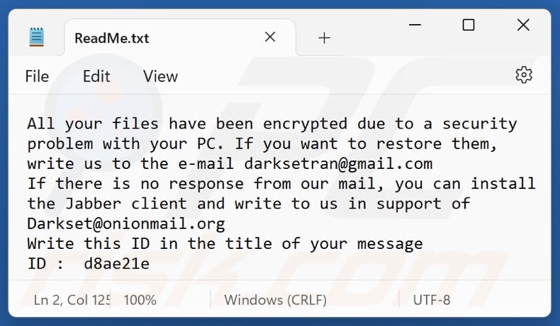 DARKSET ransomware Lösegeldforderung (ReadMe.txt)