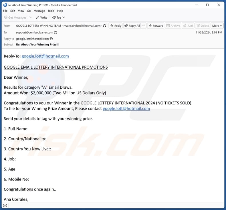 Google Email Lottery International Promotions email Spam Kampagne