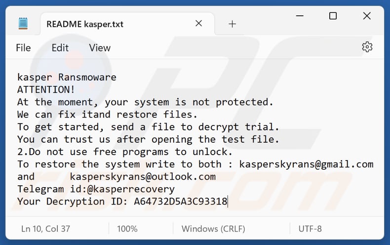 Kasper ransomware Textdatei (README kasper.txt)