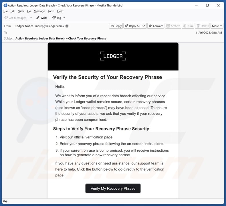 Ledger Recovery Phrase Verification E-Mail Spam Kampagne