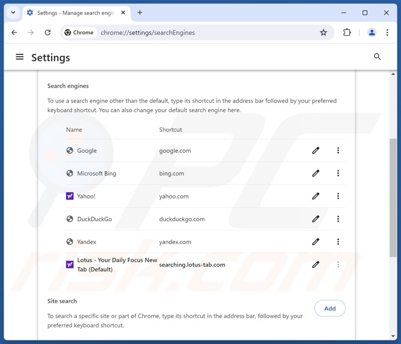 Entfernen von lotus-tab.com aus der Standardsuchmaschine von Google Chrome