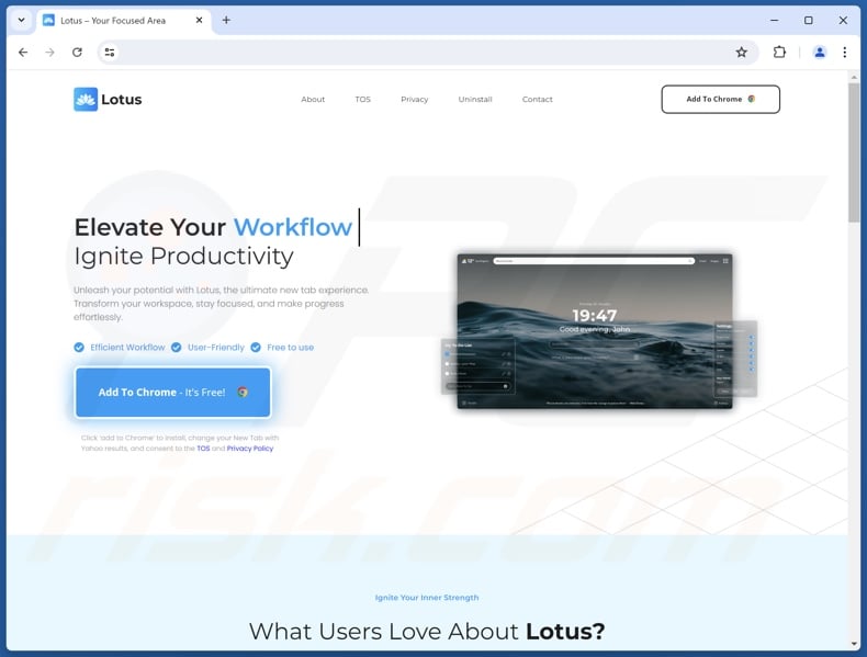 Website zur Werbung für Lotus - Your Daily Focus New Tab Browser-Hijacker