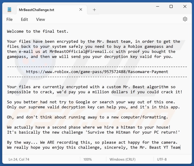 MrBeast ransomware Textdatei (MrBeastChallenge.txt)