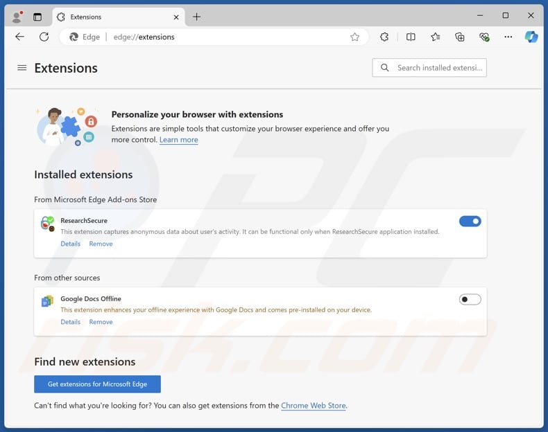 ResearchSecure PUA installierte Browser-Erweiterung (Edge)