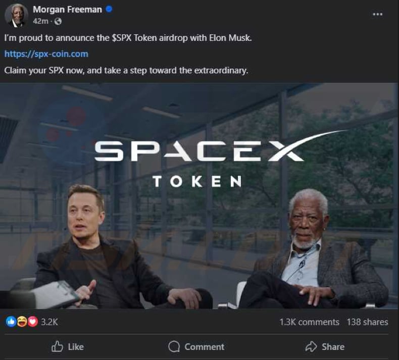 $SpaceX Coin Airdrop gestohlenes Profil von Morgan Freeman, das für den Betrug wirbt