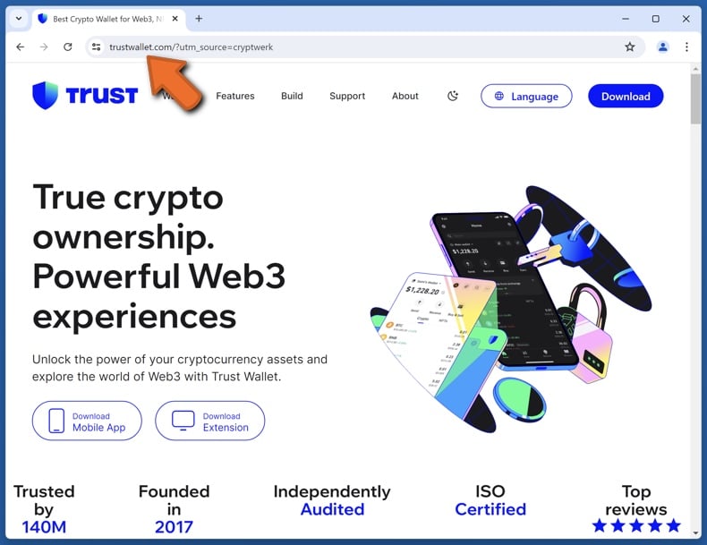 Erscheinungsbild der echten Trust Wallet Website (trustwallet.com)