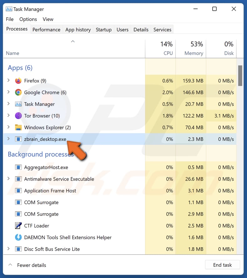 Violent_shark bösartige Erweiterung, die im Task-Manager als zbrain_desktop.exe