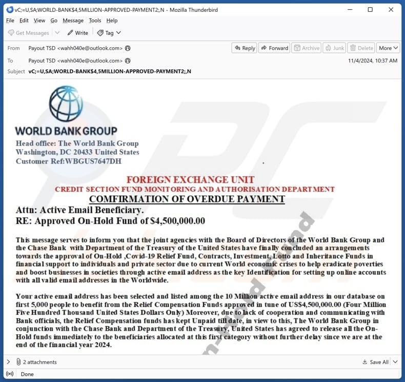 World Bank Group - Overdue Payment email spam Kampagne