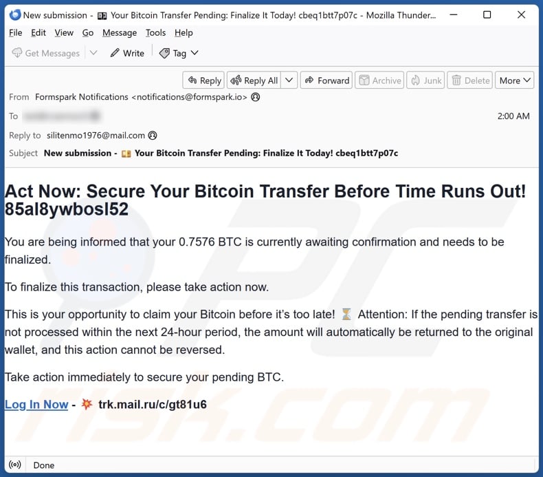 Blockchain.com Money Transfer betrügerische Werbung email