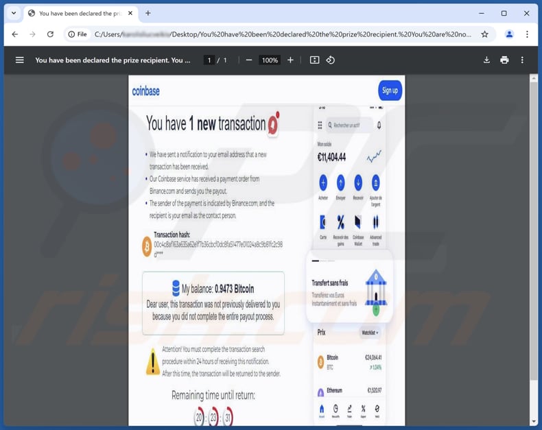 Coinbase - You Have 1 New Transaction Betrügerische PDF-Datei, die in anderen betrügerischen E-Mails verwendet wird