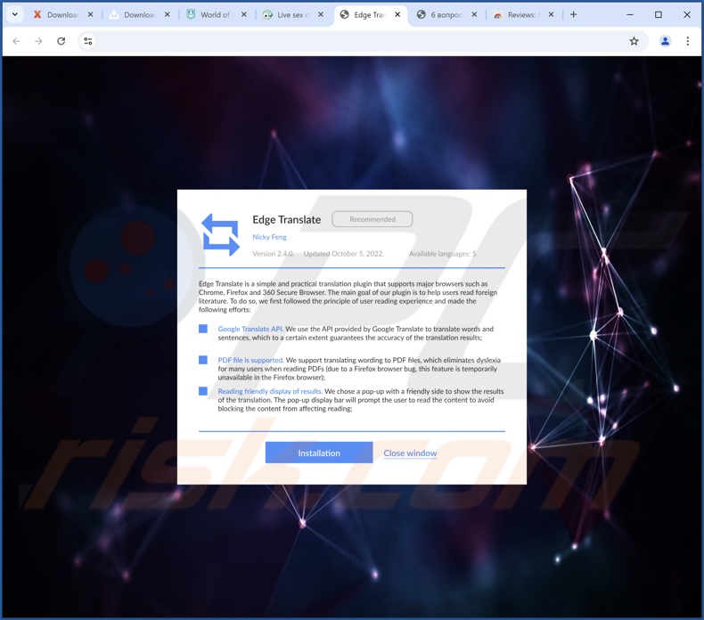 Website, die Equalizer für Chrome Browser Adware bewirbt