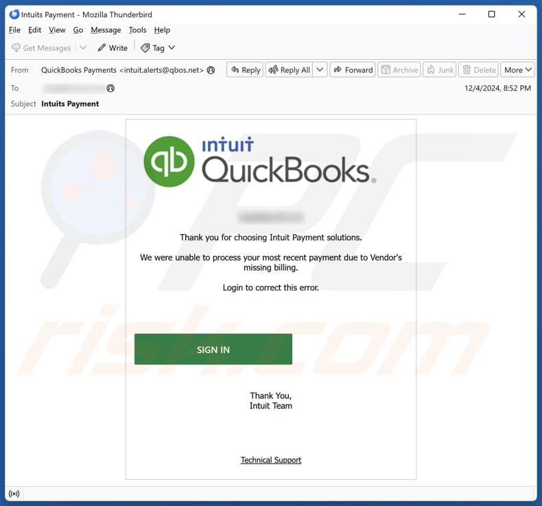 Intuit QuickBooks - Unable To Process Payment E-Mail Spam Kampagne