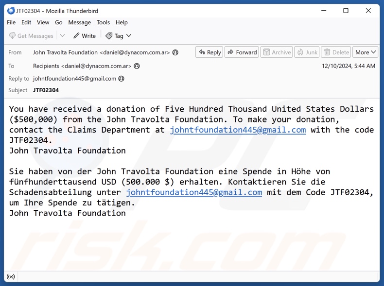 John Travolta Foundation E-Mail Spam Kampagne