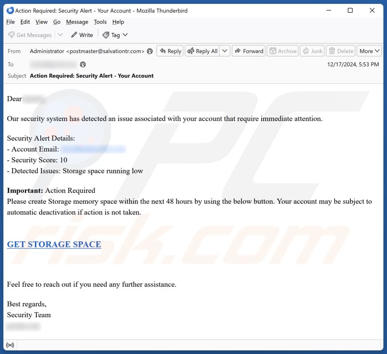 Storage Space Running Low E-Mail Spam kampagne