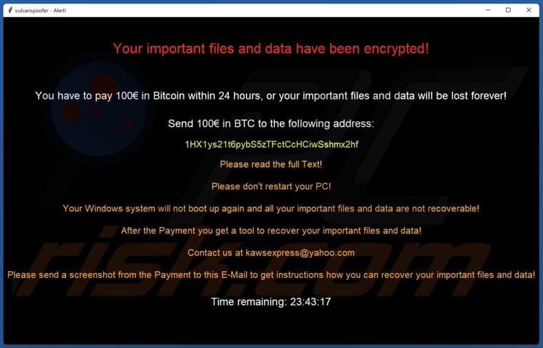 Vulcan ransomware Lösegeldforderung (pop-up Fenster)