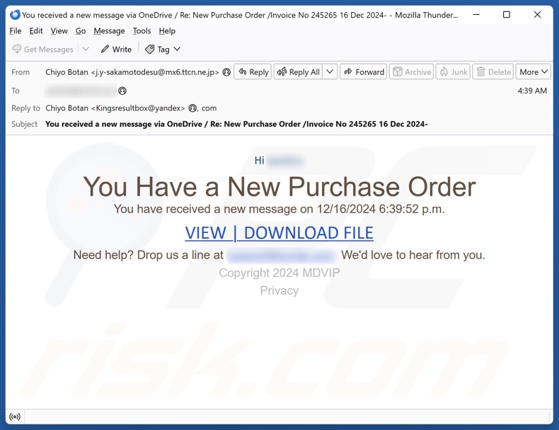 You Have A New Purchase Order E-Mail Spam Kampagne