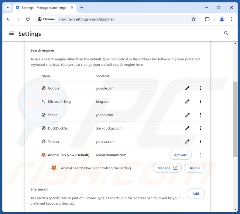 Entfernen von animaltabnow.com aus der Standardsuchmaschine von Google Chrome