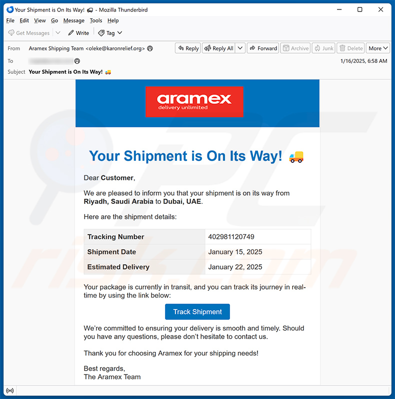 Spam E-Mail mit dem Thema Aramex (2025-01-16)