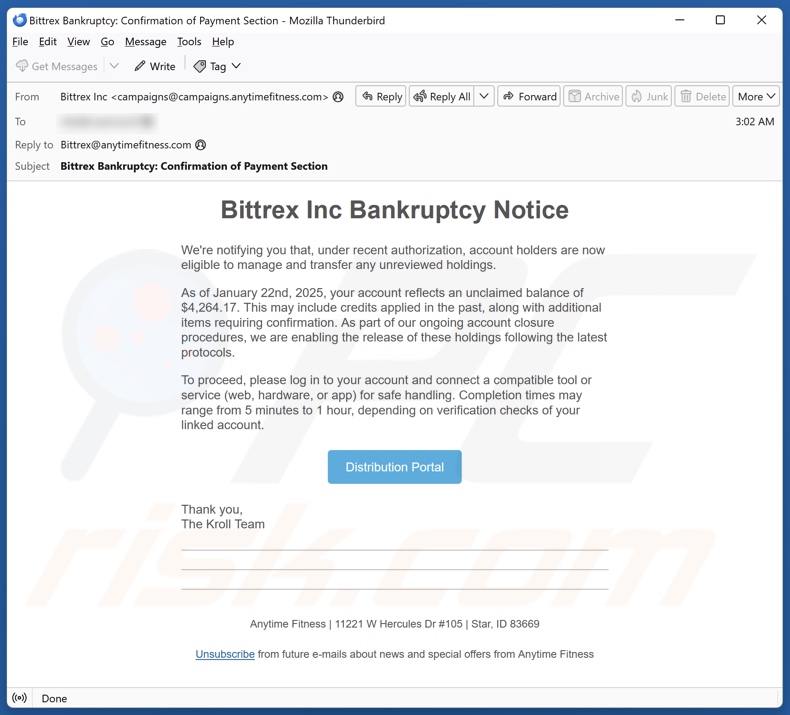 Bittrex Inc Bankruptcy Notice email spam Kampagne