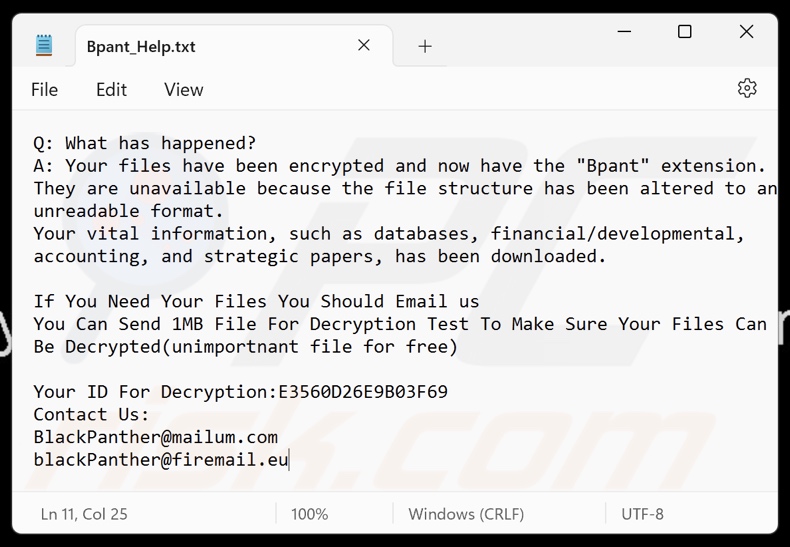 BlackPanther ransomware Lösegeldforderung (Bpant_Help.txt)