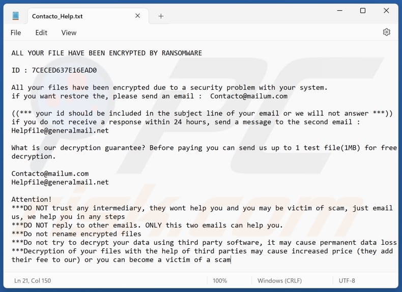 Contacto ransomware Textdatei (Contacto_Help.txt)