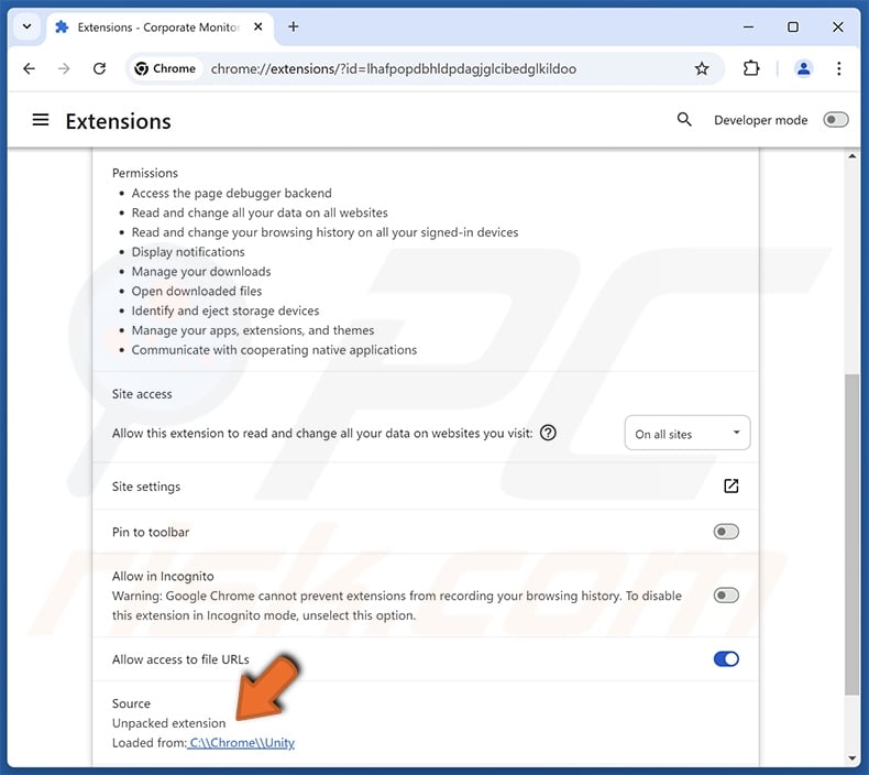 Corporate Monitoring Tool Details zur Browser Erweiterung