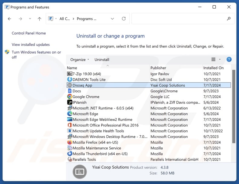 Disoaq App deinstallieren via Control Panel