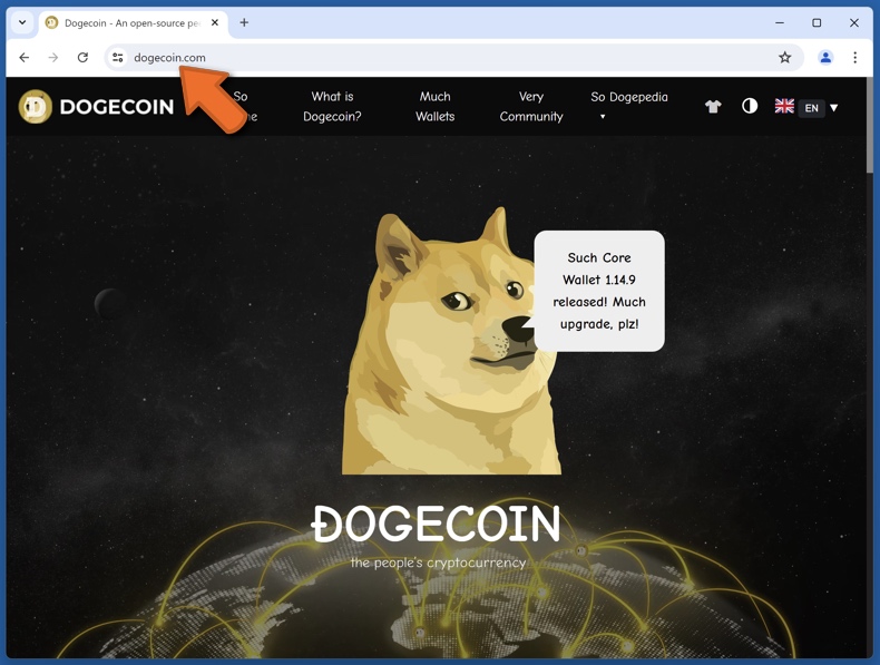 Erscheinungsbild der echten Dogecoin Website (dogecoin.com)