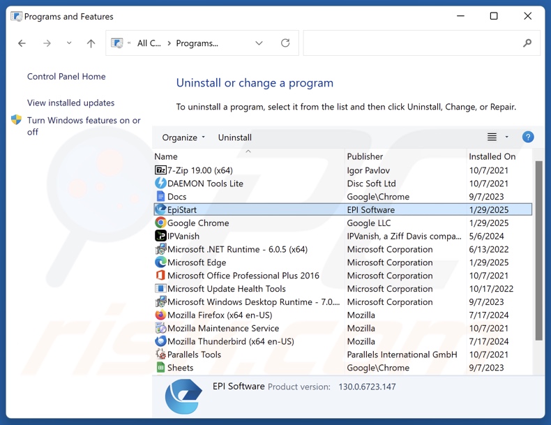 EpiStart (EpiBrowser) deinstallieren via Control Panel