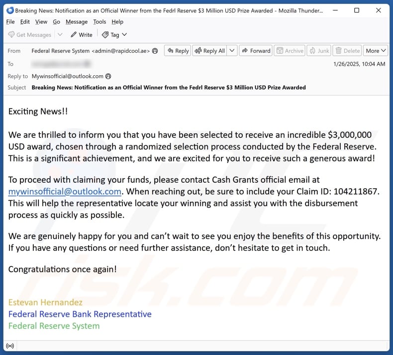 Federal Reserve Award email Spam Kampagne
