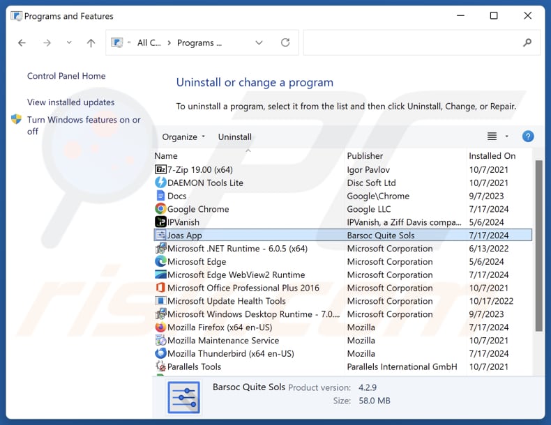 Joas App deinstallieren via Control Panel