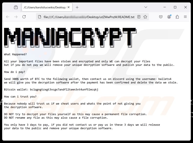 Mania Crypter ransomware Textdatei ([random_string].README.txt)