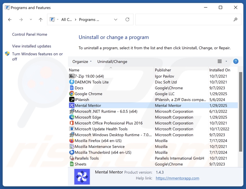 Mental Mentor deinstallieren via Control Panel