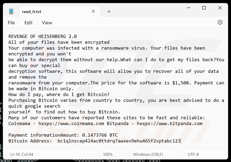 Revenge Of Heisenberg ransomware Erpresserbrief-Variante 2 (read_it.txt)