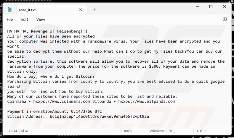 Revenge Of Heisenberg Ransomware Erpresserbrief-Variante (read_it.txt)