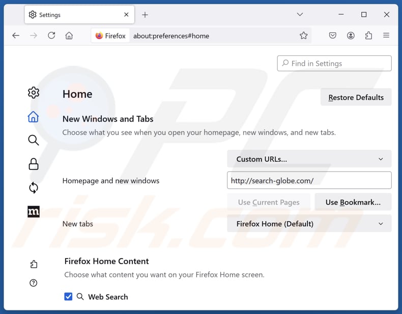 search-globe.com von der Startseite von Mozilla Firefox entfernen