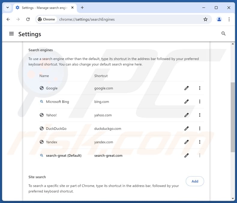 Entfernen von search-great.com aus der Standardsuchmaschine von Google Chrome