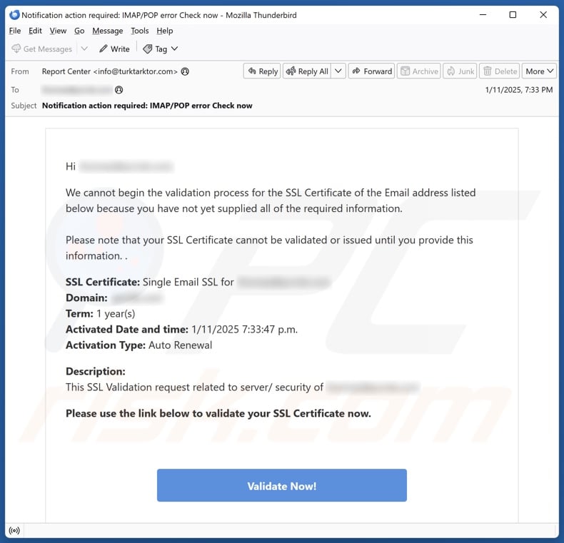 Validation Process For The SSL Certificate E-Mail Spam Kampagne