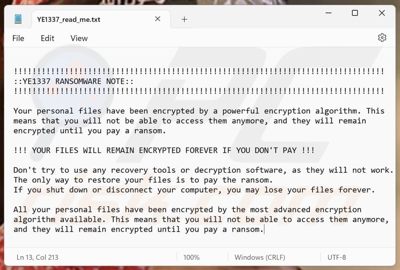 YE1337 ransomware Textdatei (YE1337_read_me.txt)