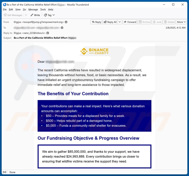 Binance Charity - California Wildfires Fundraiser email Spam Kampagne