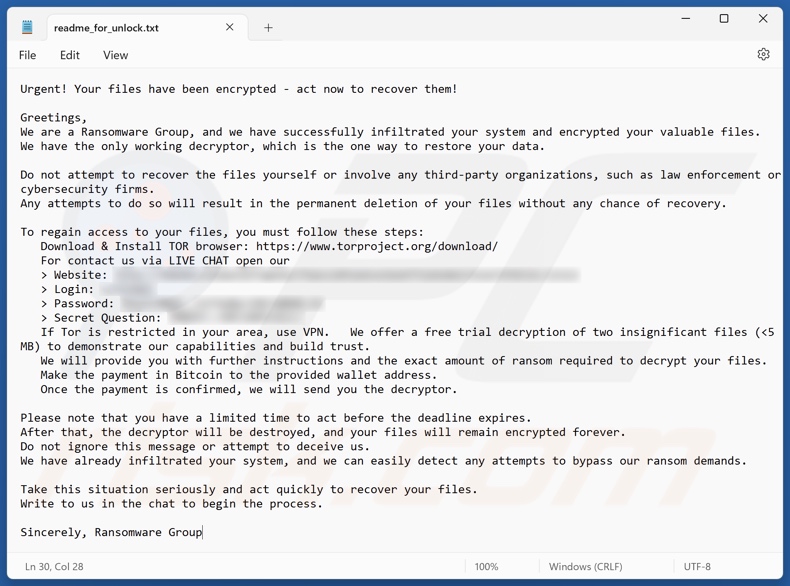 Cloak ransomware Lösegeldforderung (readme_for_unlock.txt)