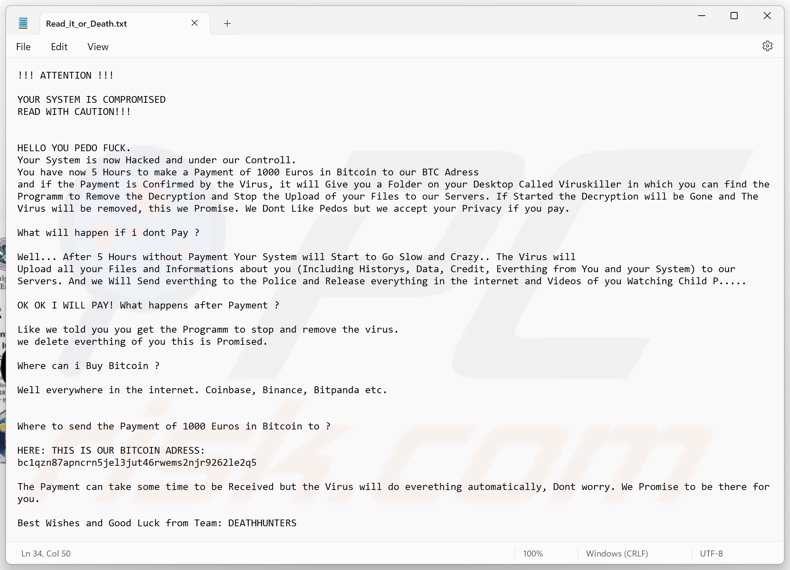 DeathHunters ransomware Lösegeldforderung (Read_it_or_Death.txt)