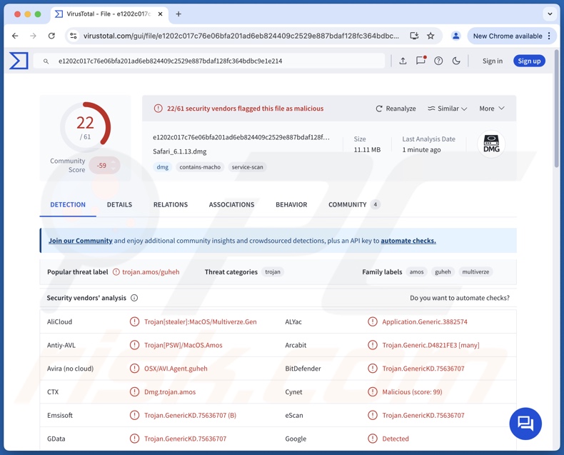 FrigidStealer malware Entdeckungen auf VirusTotal