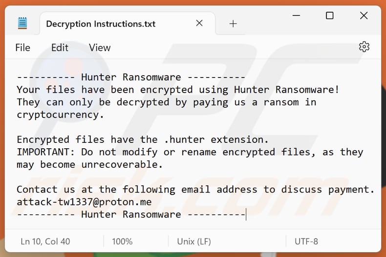 Hunter ransomware Textdatei (Decryption Instructions.txt)