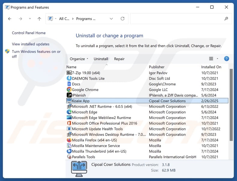 Koaiw App deinstallieren via Control Panel