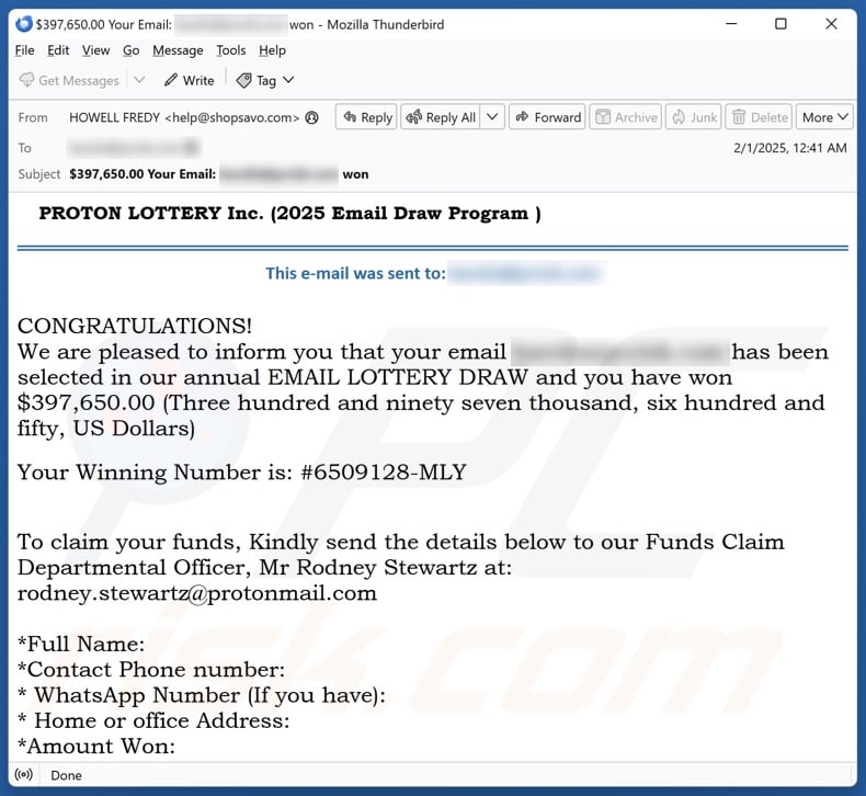 PROTON LOTTERY E-Mail Spam Kampagne