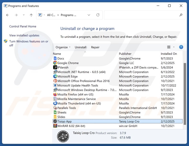 Tisiqo App entfernen via Control Panel
